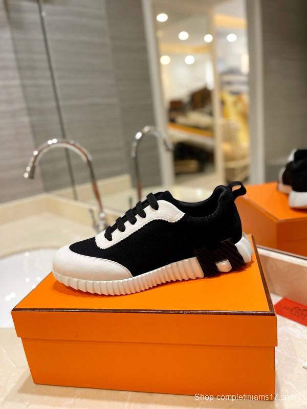 2024 Unisex Hermès Black White Knitted Leather Sneakers