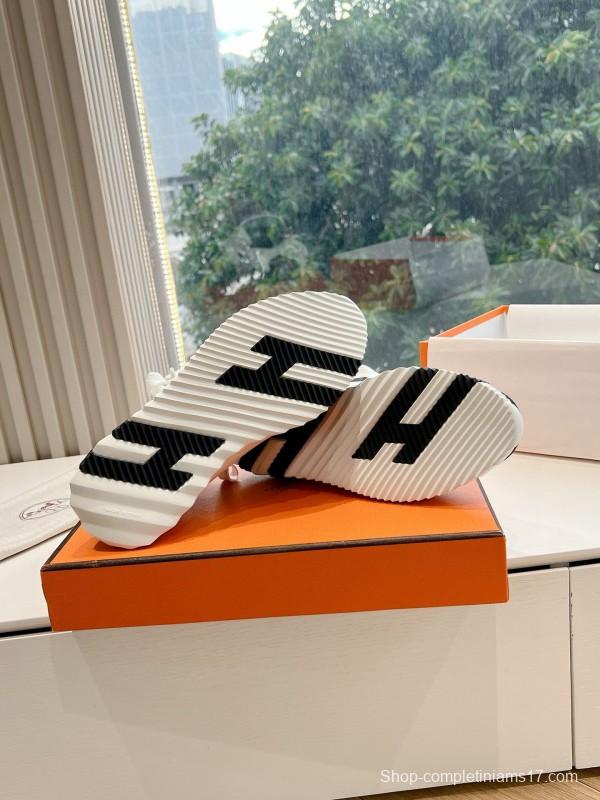 2024 Unisex Hermès Black White Orange Calf Leather Suede Knit Sneakers MJ00290