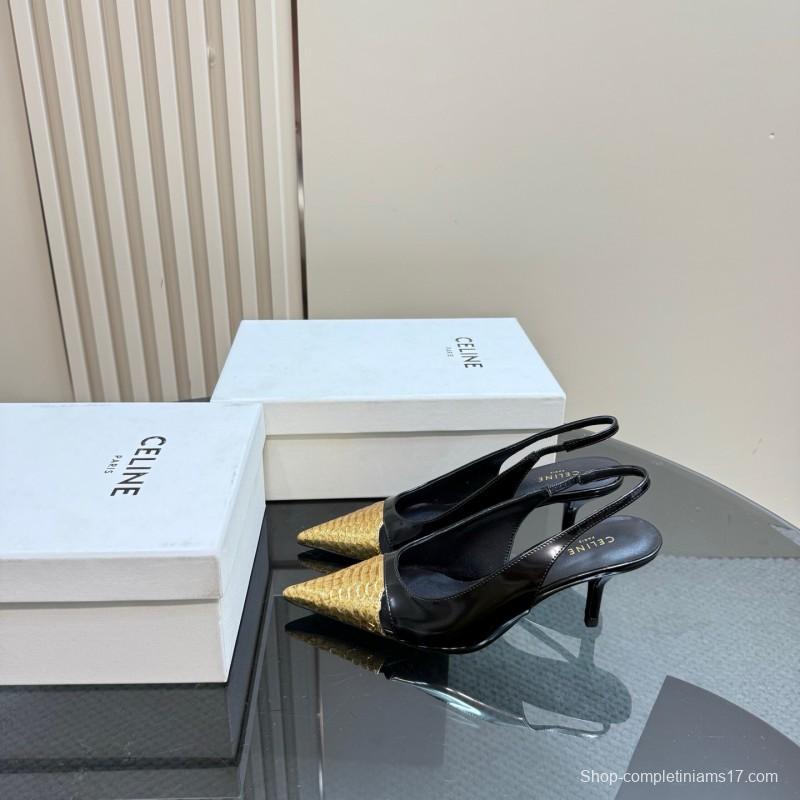 2025 Women CELINE Black Gold Leather Slingback Heels