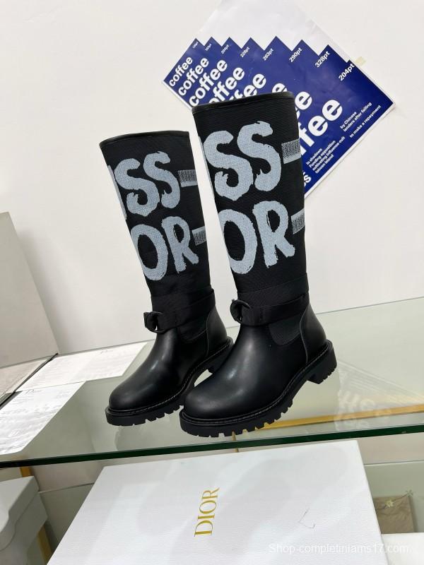 2024 Women Dior black leather knit fabric boots MJ00350
