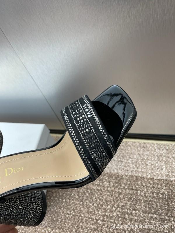 2025 Women Dior Black Patent Leather Crystal High Heel Sandals KFY00320