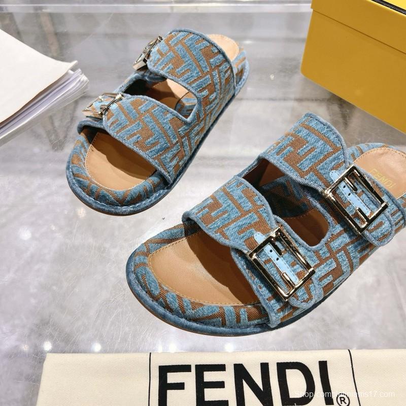 2025 Fendi Blue Beige Jacquard Fabric Slippers Buckle MJ00230