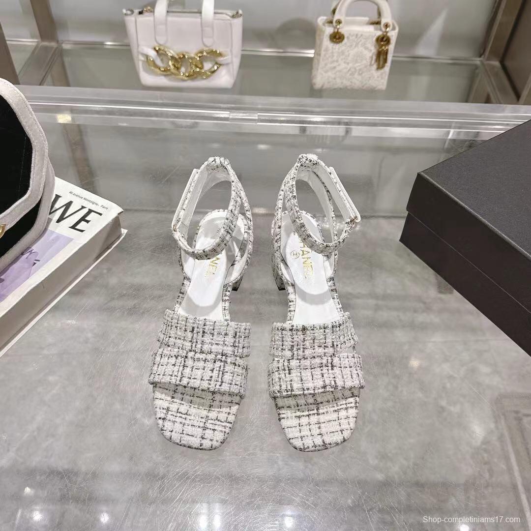 2025 Women Chanel White Black Tweed Leather Sandals LY00280