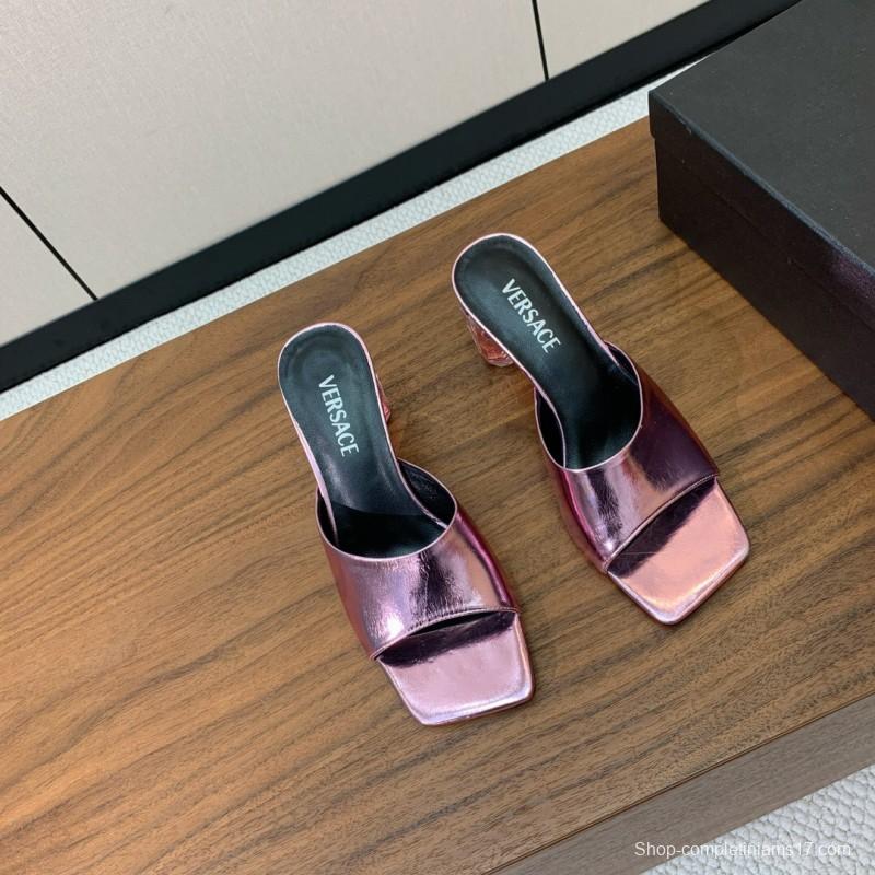 2025 Women VERSACE Pink Leather Slippers