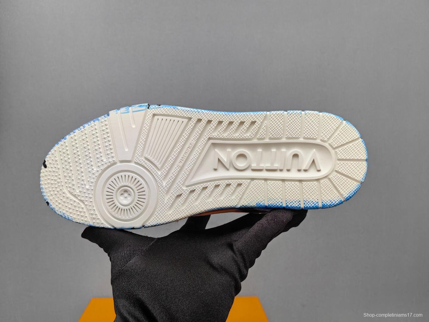 2025 Unisex Louis Vuitton Pink Blue Leather Canvas Plimsolls Hand Painted KFY00620