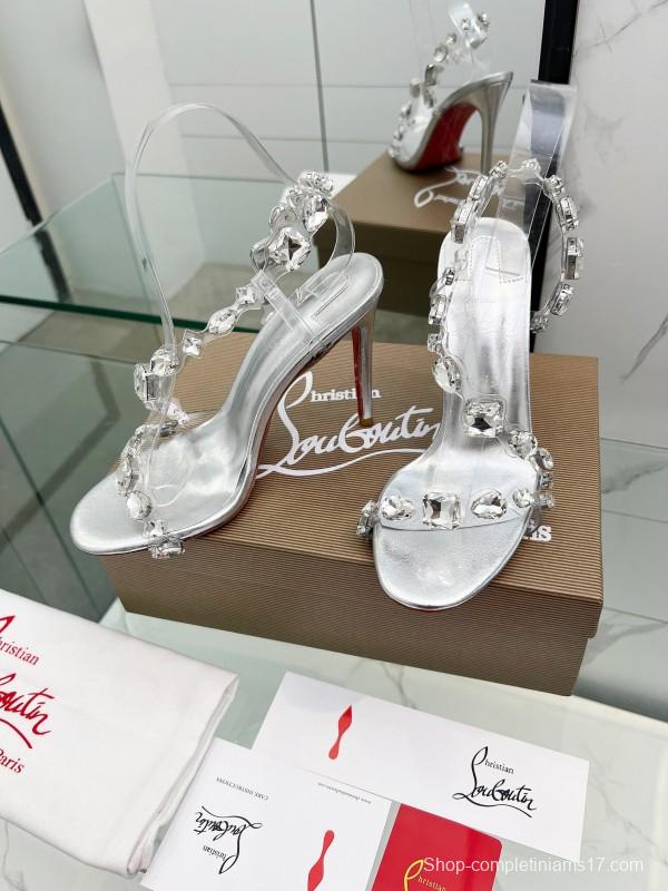2025 Women Christian Louboutin Silver PVC Crystal High Heel Sandals LY00300