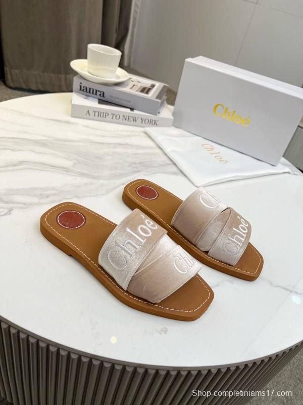 2025 Women Chloé Beige Velvet Slippers LY00200