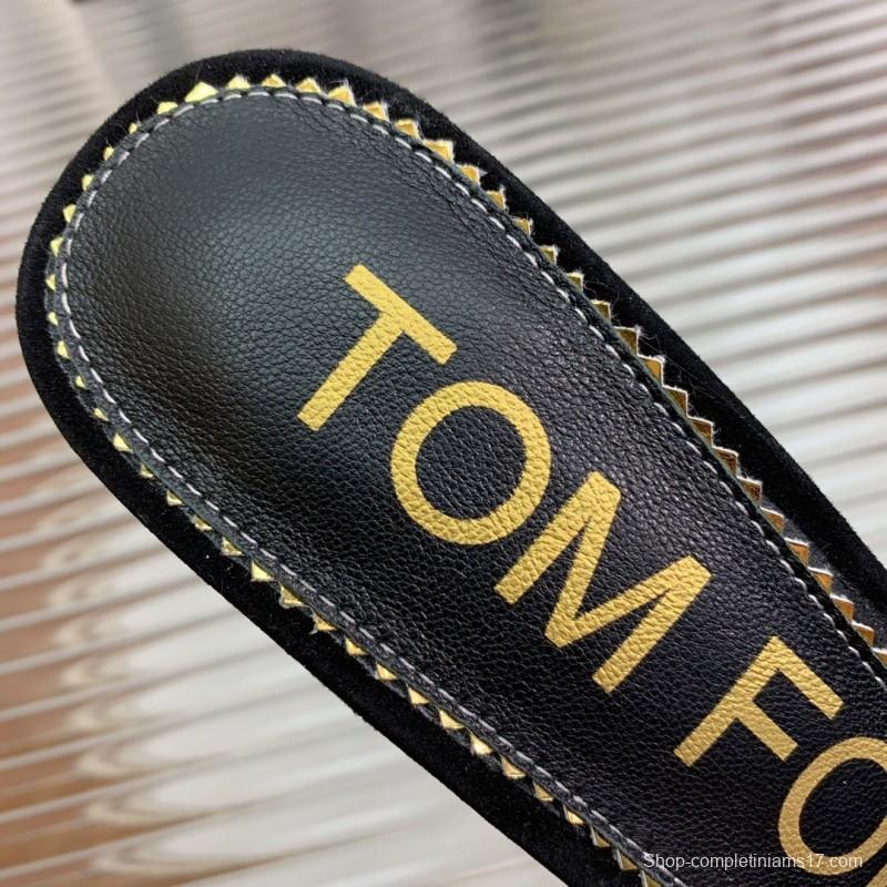 2025 Women TOM FORD Black Suede Leather Pointed Toe Metal Tip Mules