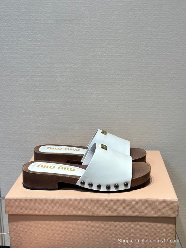 2025 Women Miumiu White Leather Slippers