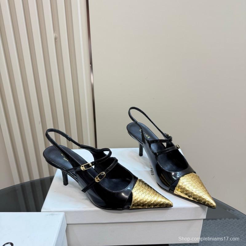 2025 Women CELIN* Black Gold Leather Pointed Toe Slingback Heels