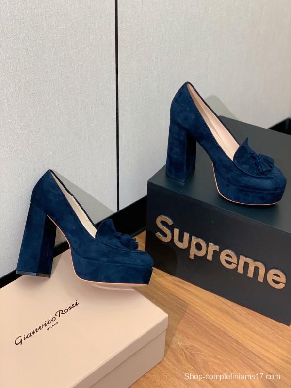 2025 Women Gianvito Rossi Navy Suede Platform Loafers KFY00330