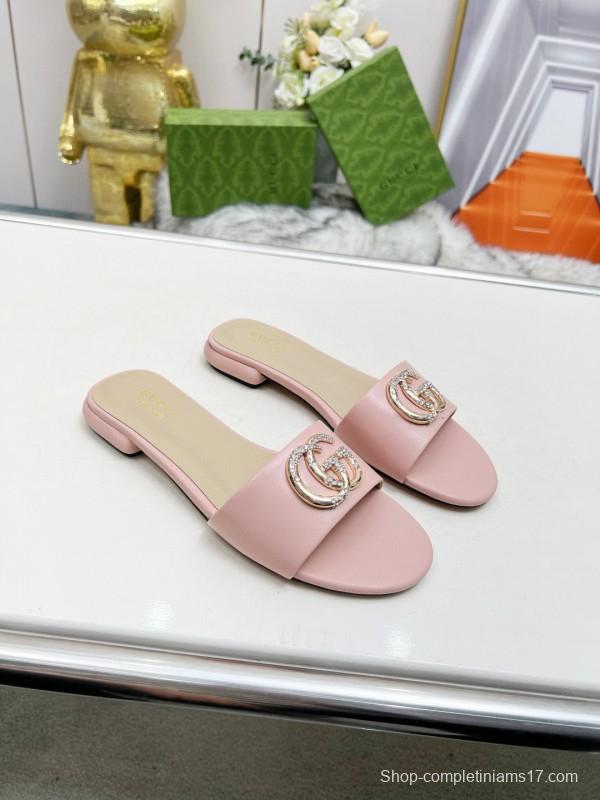 2025 Women Gucci Pink Leather Slippers GG Buckle MJ00190