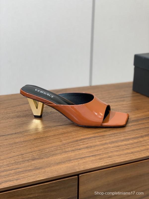2025 Women VERSACE Brown Patent Leather Slippers