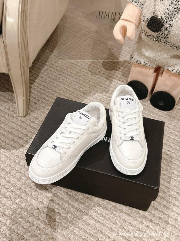 2025 Women Chanel White Leather Sneakers