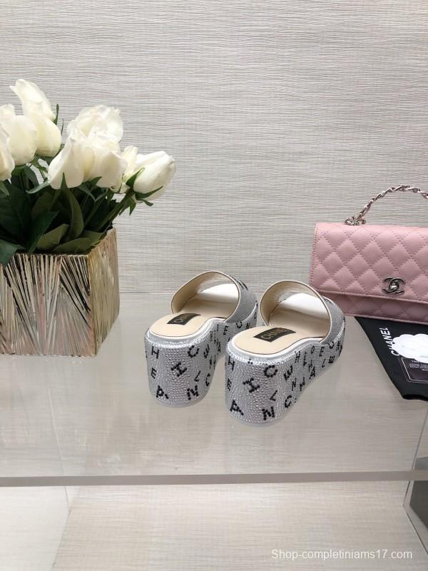 2025 Slippers Chanel White Rhinestone Platform Slide LY00330