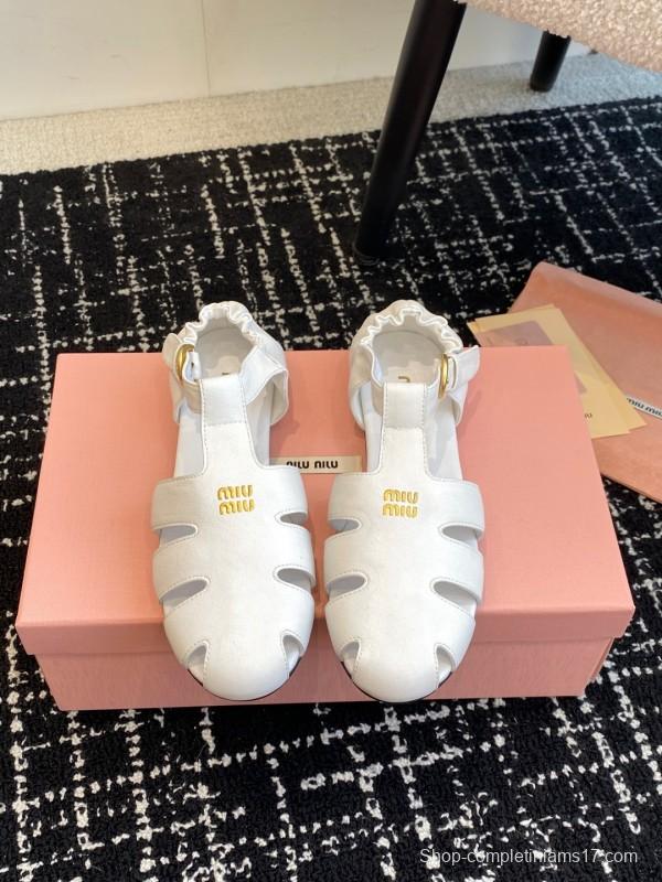 2025 Women Miu Miu White Calf Leather Flat Sandals