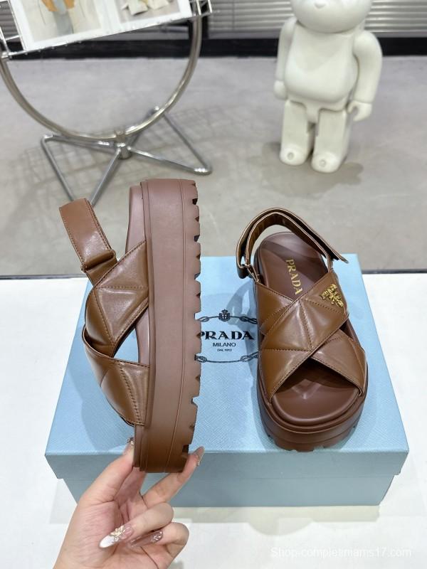 2025 Women Prada Brown Leather Sandal