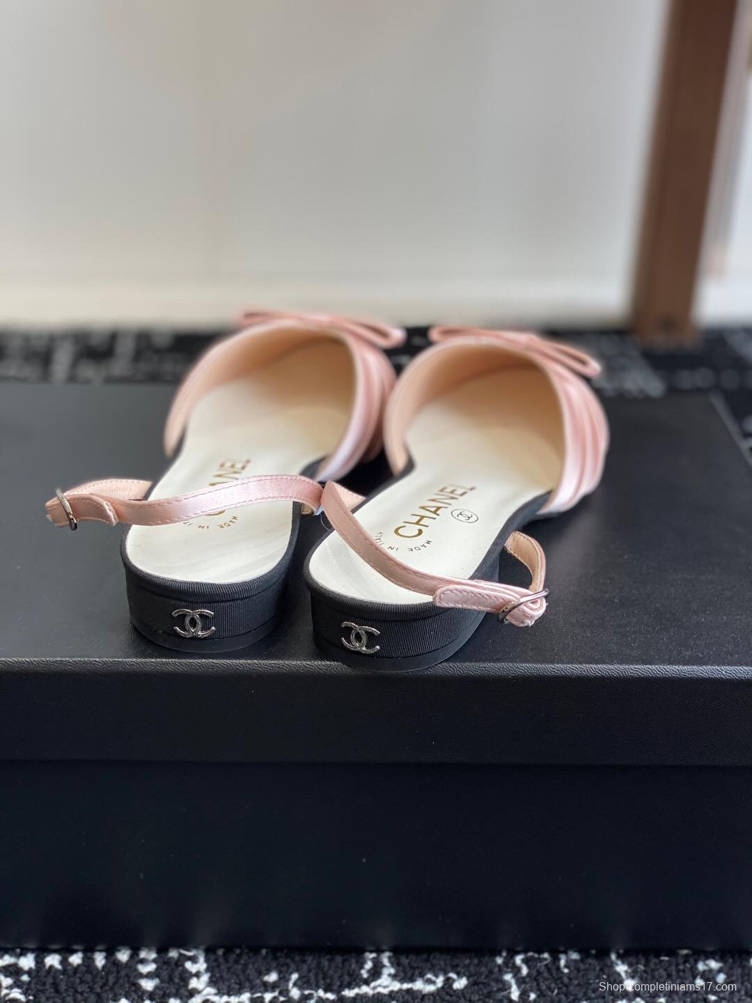 2025 Women Chanel Pink Black Silk Leather Sandals Satin Bow KFY00289