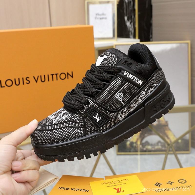 2024 Unisex Louis Vuitton Black Rhinestone Leather LV Trainer Sneakers MJ00430