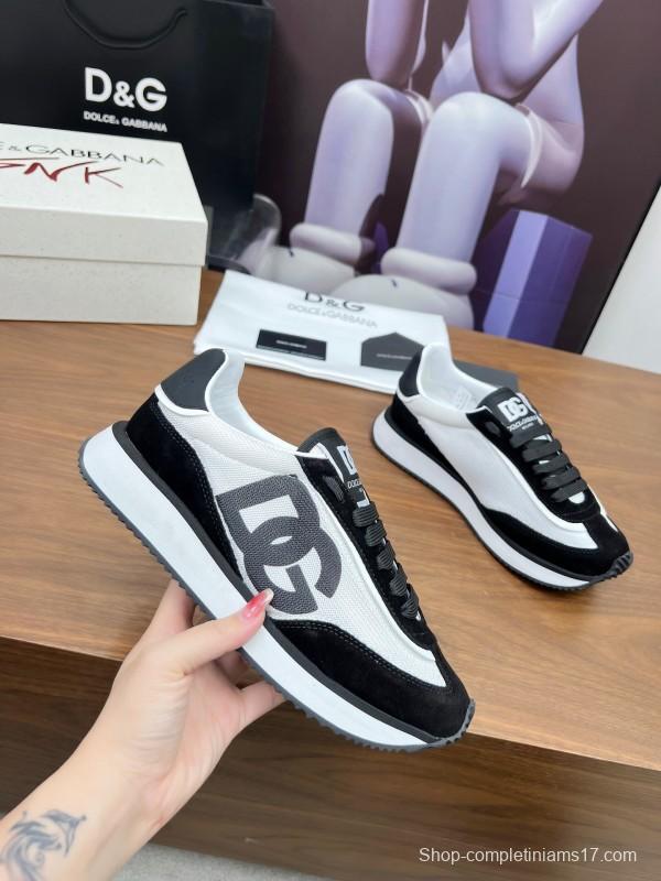 2025 Unisex Dolce & Gabbana Black White Mesh Suede Sneakers LY00300
