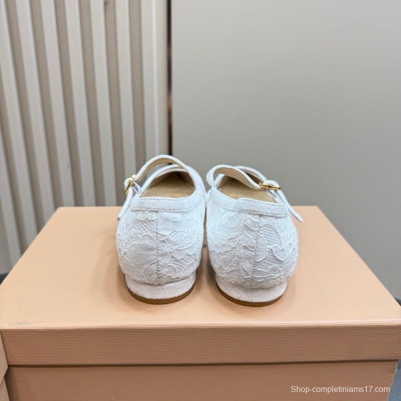 2025 Women Gianvito Rossi White Lace Leather Low Heel Ballerina KFY00260