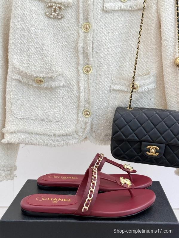 2025 Women Chanel Red Lambskin Chain Sandals KFY00250