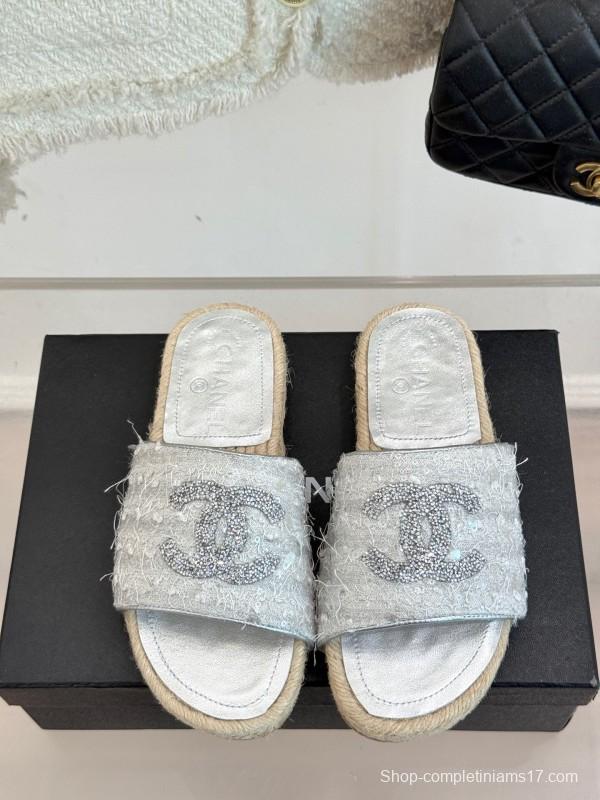 2025/Women Chanel White Lace Espadrille Slides Handmade Craft KFY00240(F)
