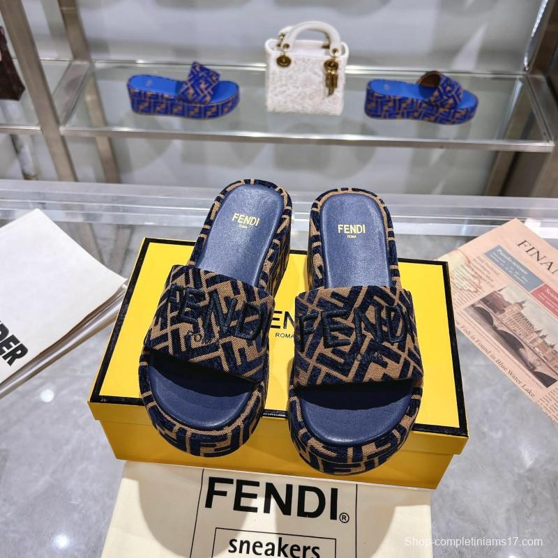 2025 Slippers Fendi Blue Brown Canvas Platform FF Jacquard KFY00240