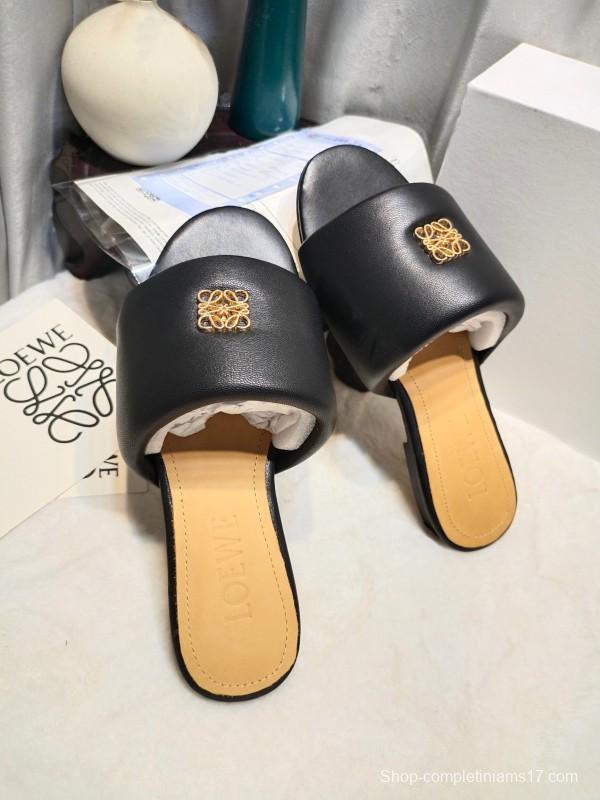 2025 Women Loewe Black Leather Slippers LY00000