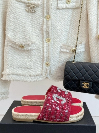 2025 Women Chanel Red Sequin Espadrille Slides Classic Craftsmanship KFY00240(F)