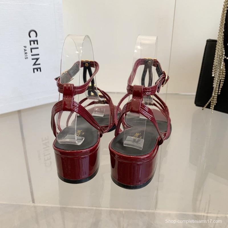 2025 Women Celine Burgundy Patent Leather Sandals KFY00300
