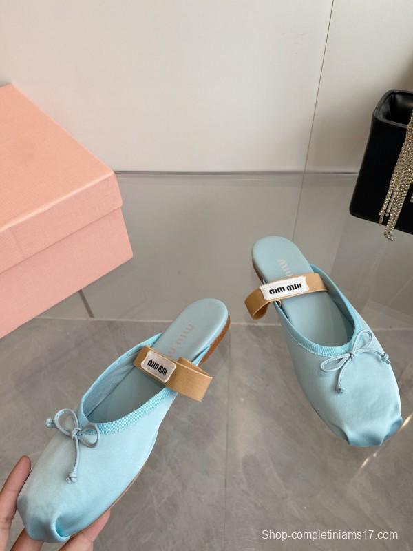 2025 Women Miu Miu Light Blue Satin Slip-On Ballet Flats KFY00280