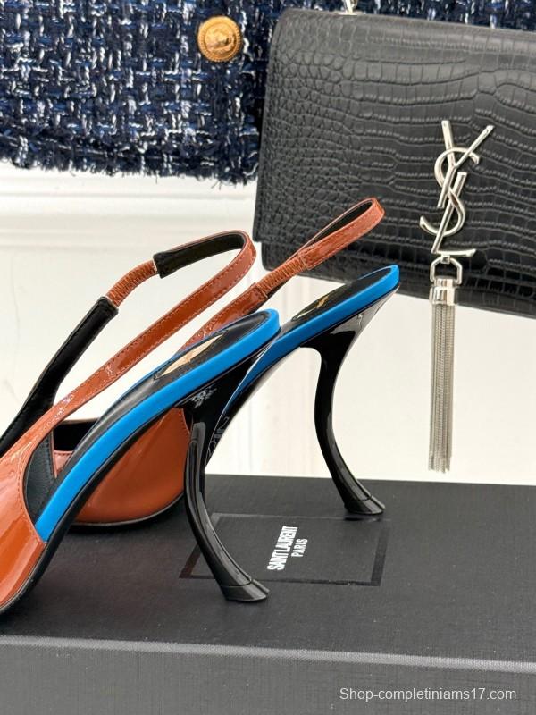 2025 Women Yves Saint Laurent Brown Patent Leather Slingback Heels KFY00290