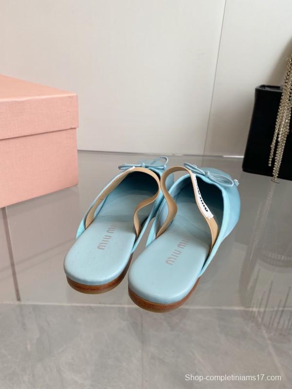 2025 Women Miu Miu Light Blue Satin Slip-On Ballet Flats KFY00280