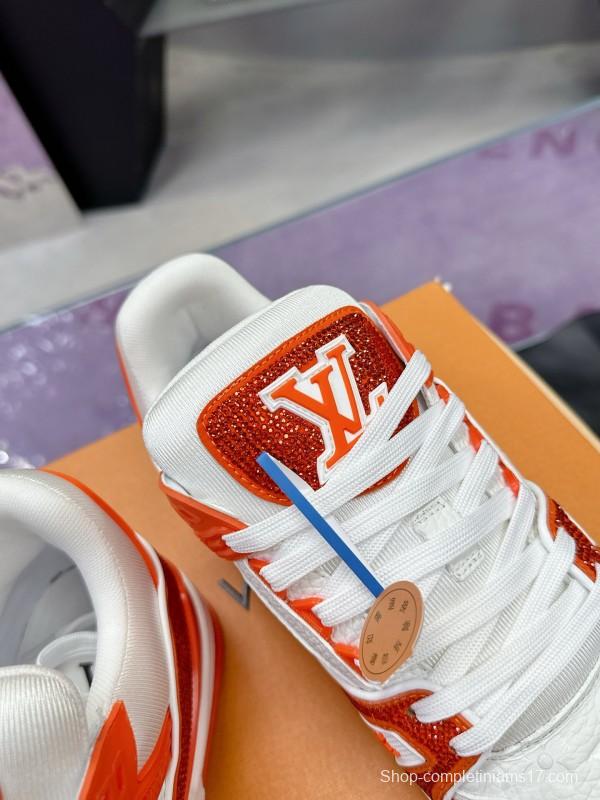 2025 Unisex Louis Vuitton Orange White Leather Plimsolls Handcrafted Rhinestones AS00400