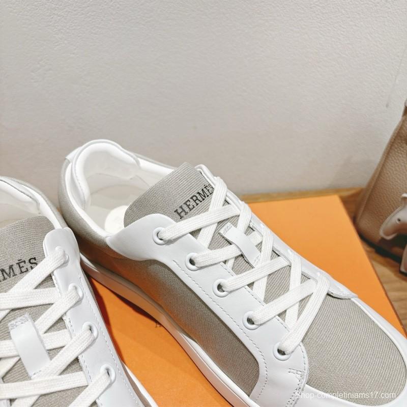 2025 Unisex Hermès White Light Grey Leather Fabric Sneakers AS00380