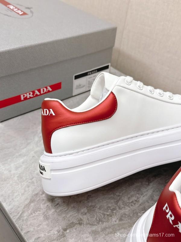 2025 Unisex Prada White Red Calf Leather Sneakers KFY00290