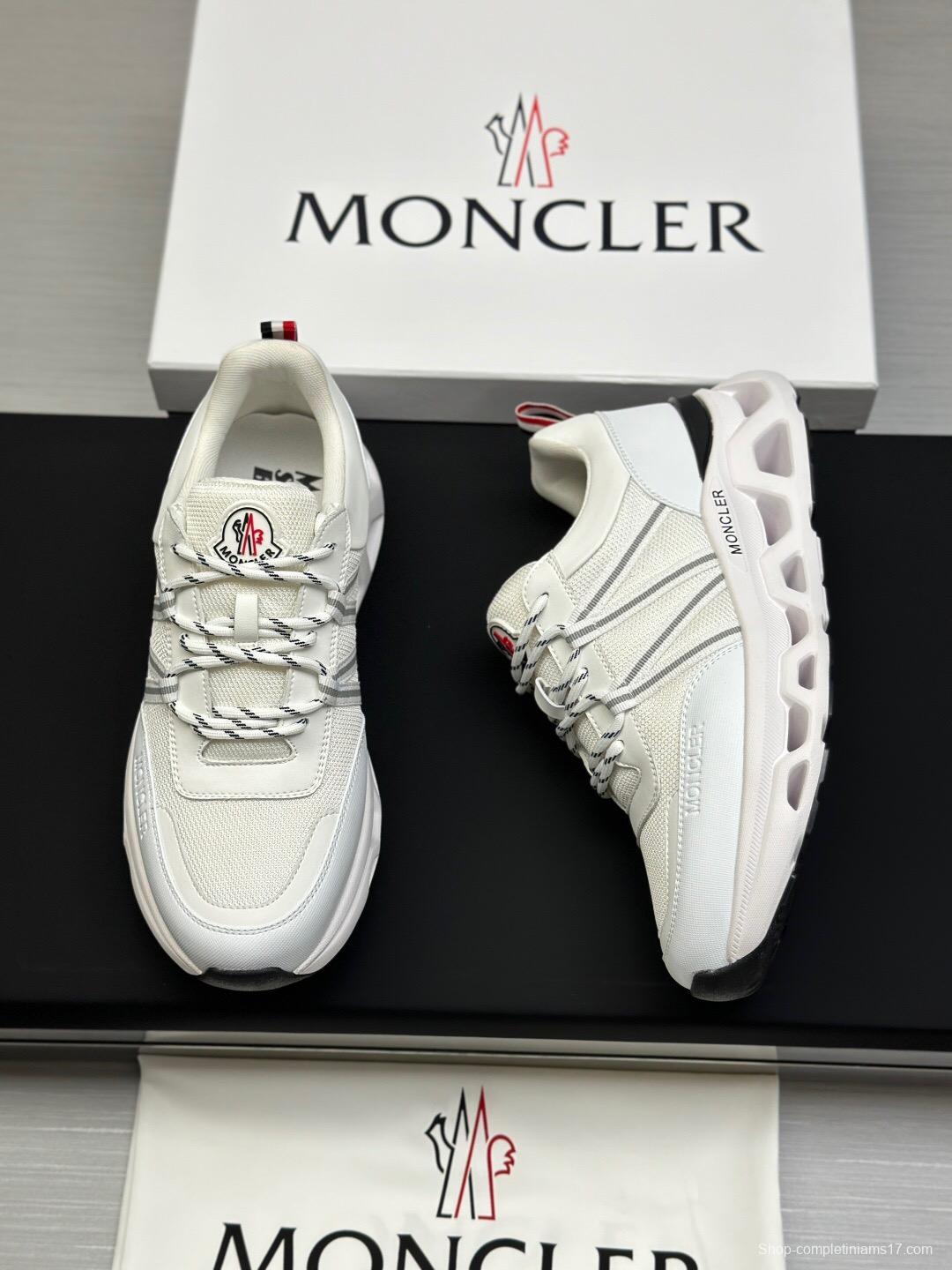 2025 Unisex Moncler White Black Synthetic Leather Outdoor Sneakers KFY00390