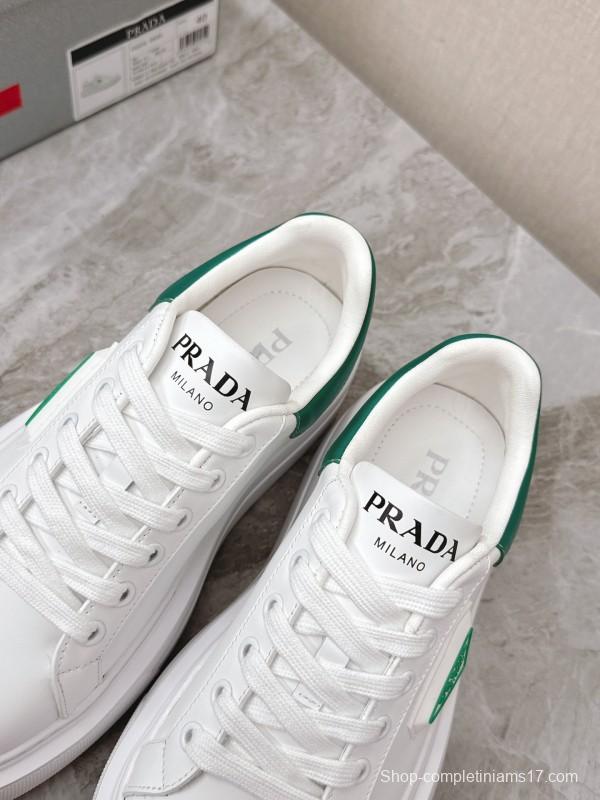 2025 Unisex Prada White Green Calf Leather Sneakers KFY00290