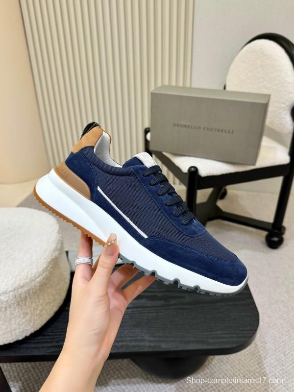 2025 Men Brunello Cucinelli Navy White Brown Calfskin Leather Sneakers AS00320