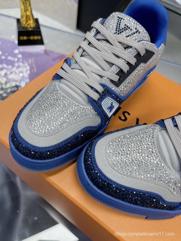 2025 Women Louis Vuitton Blue White Cow Leather Fabric Plimsolls Handcrafted Crystals AS00400