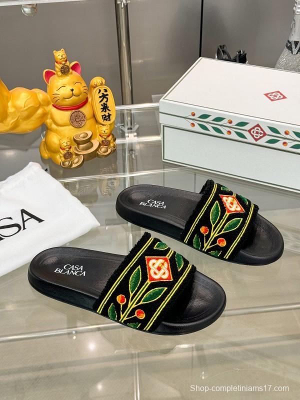 2025 Men CASA BLANCA Black Green Red Embroidered Leather Slippers Embroidery KFY00160