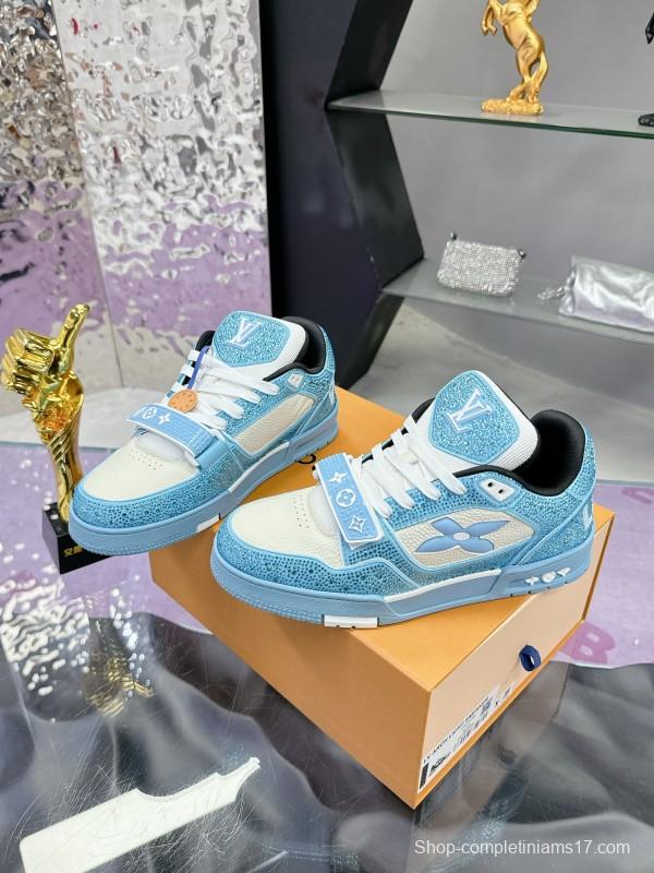 2025 Unisex Louis Vuitton Blue White Leather Denim Plimsolls Beaded LV Trainer AS00400
