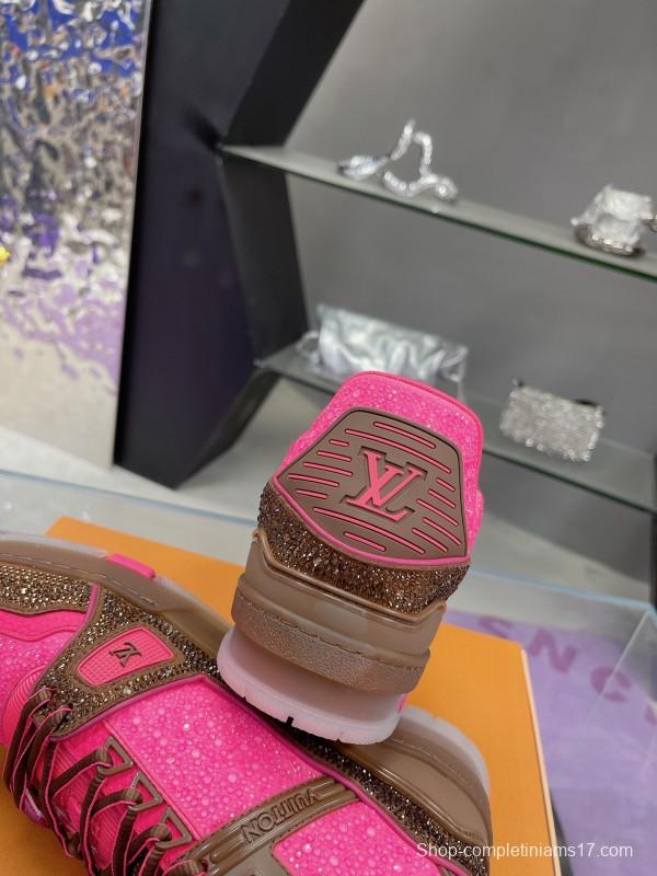 2025 Unisex Louis Vuitton Pink Brown Leather Canvas Plimsolls Handcrafted Crystals AS00400
