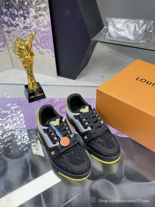 2025 Unisex Louis Vuitton Black Grey Yellow Leather Fabric Plimsolls Handcrafted Rhinestone AS00400
