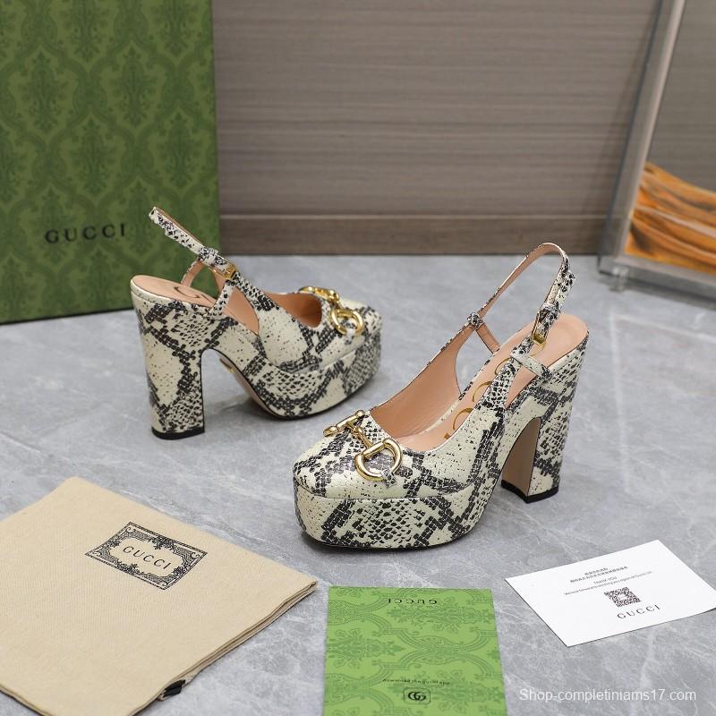 2025 Women Gucci Beige Black Leather Platform High Heels KFY00320