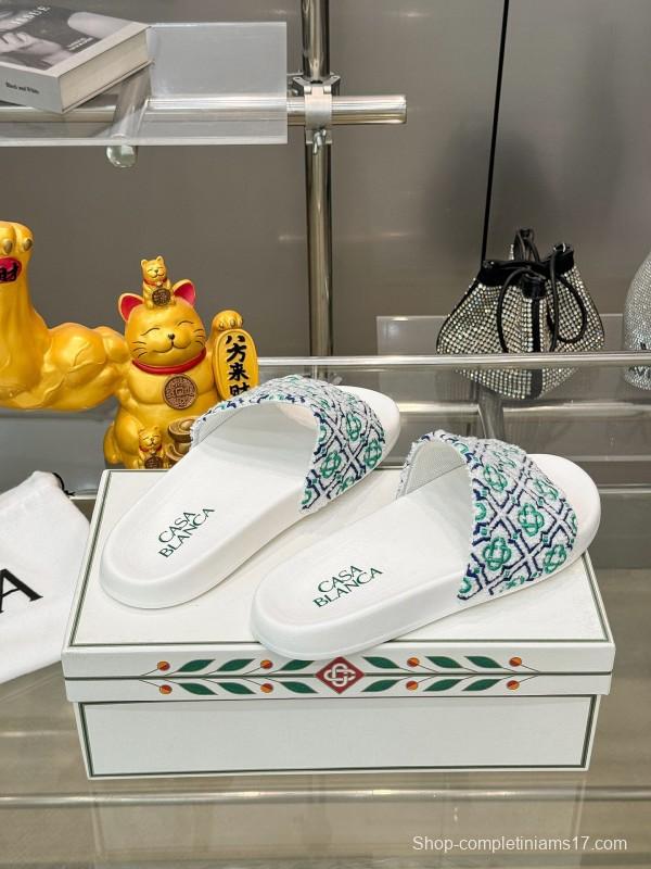 2025 Men CASA BLANCA White Green Blue Embroidered Leather Slippers KFY00160