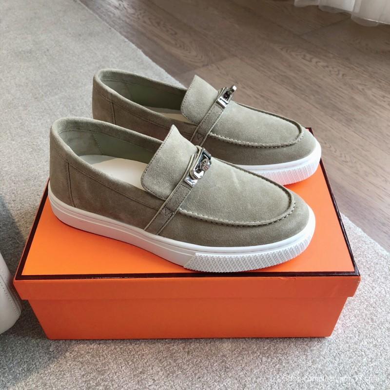 2025 Unisex Hermès Khaki Suede Leather Loafers AS00380