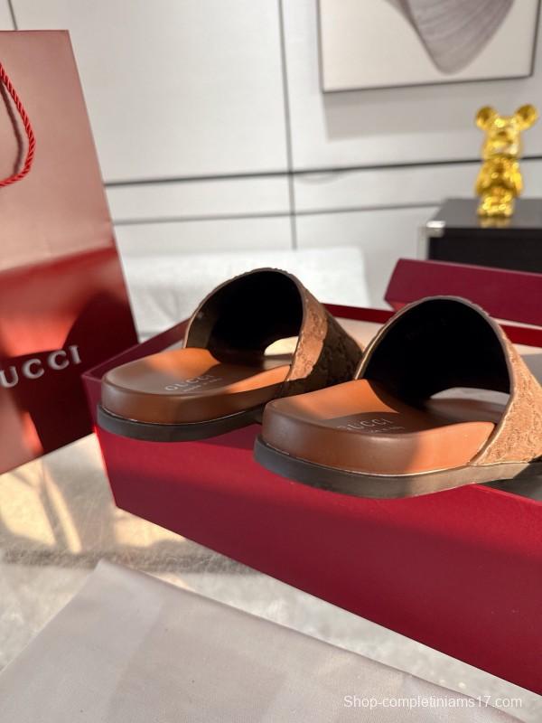 2025 Unisex Gucci Brown Leather Slippers Top Version AS00240