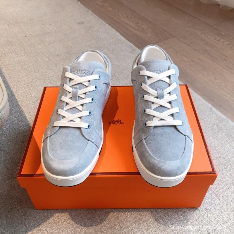 2025 Unisex Hermès Blue Grey Suede Leather Sneakers AS00380